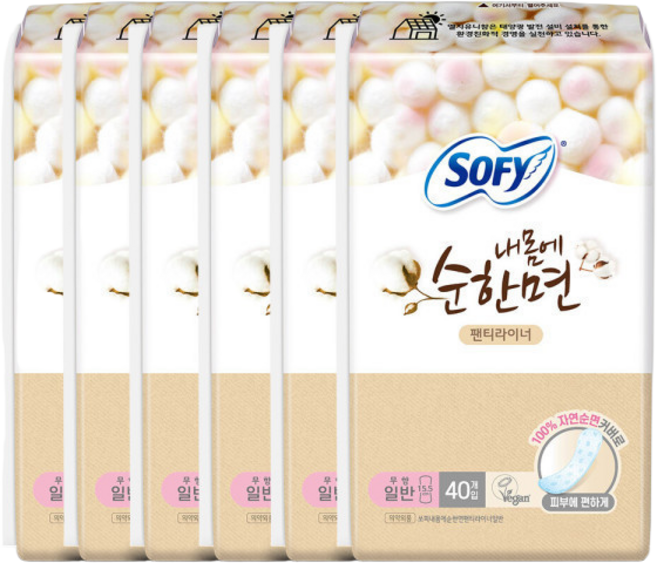 쏘피 바디피트 내몸에순한면 팬티라이너 일반 40P x 6개, 40개입, 6박스