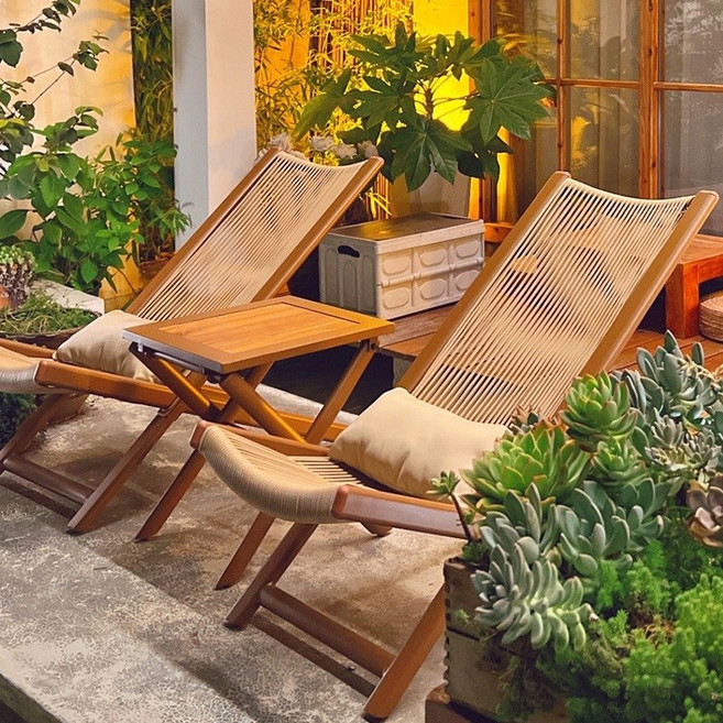 리칸트 라탄 야외 접이식 테이블 철제 의자 세트 베개 포함, 의자1개+베개, 브라운