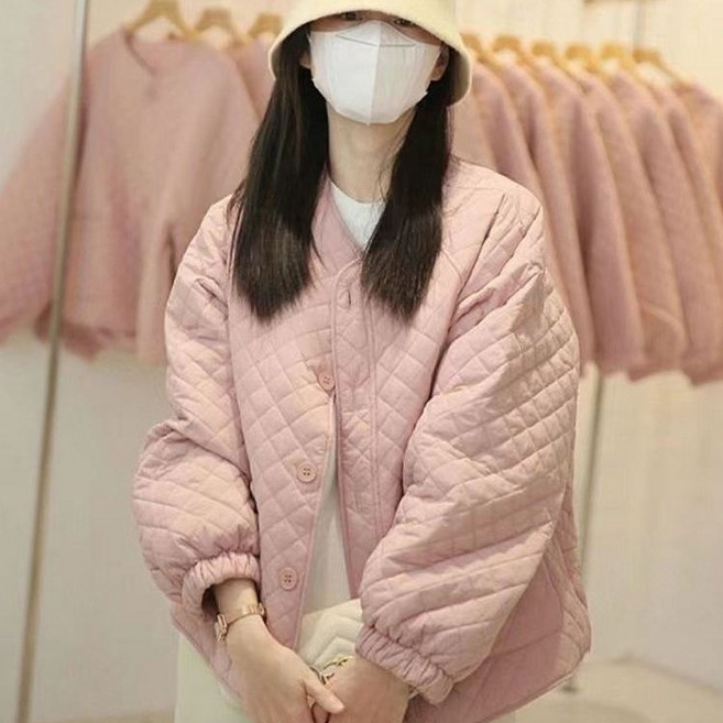 WPUY 패딩 노카라패딩 여성 귀여운 심플 무지 빈티지 자켓 아우터 프렌치 스위트 핑크 체크 퀄팅점퍼 소향풍 경량패딩