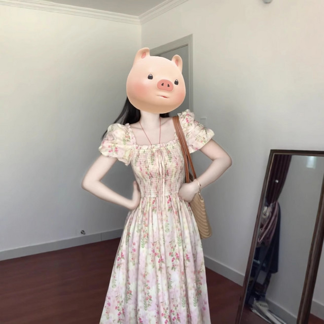 DFMEI 夏季新款法式溫柔風甜美顯瘦初戀碎花連衣裙女, XL