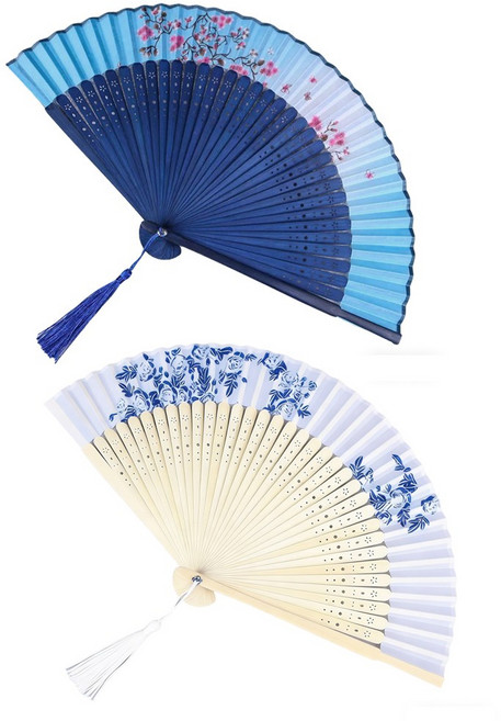 투데이리빙 2개 세트 휴대용 접이식 부채 고급 대나무 실크 한국 전통 무용 손부채 부모님 선물 외국인 기념품, 화이트+블루