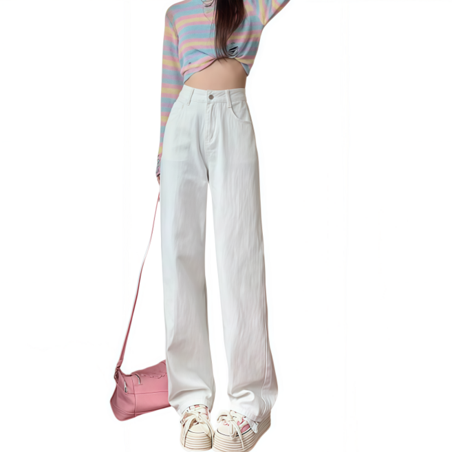Makone 여성 화이트 청바지 하이웨이스트 캐주얼 코디네이터 스트레이트 루즈핏 데님 팬츠