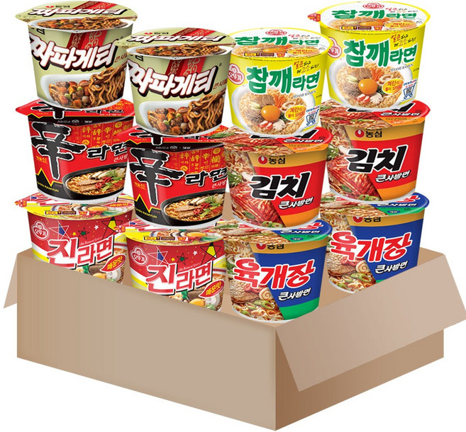 [메리박스] 큰컵라면세트 12개(진라면매운맛2+신라면2+짜파게티2+육개장2+김치2+참깨라면2), 1개