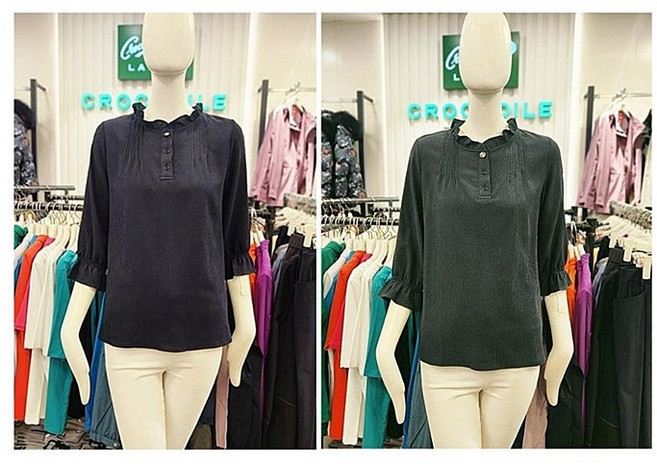 크로커다일레이디 스판좋고 예쁜 프릴넥 골지주름 패턴 포인트 7부 티셔츠 블라우스