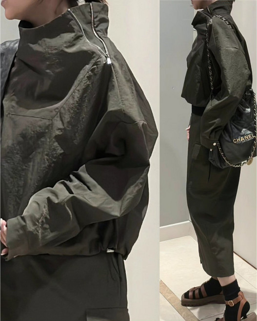 레이디라라 여성 아노락 세트 에이치 라인 앞트임 맥시 롱 스커트 모크넥 블라우스 점퍼