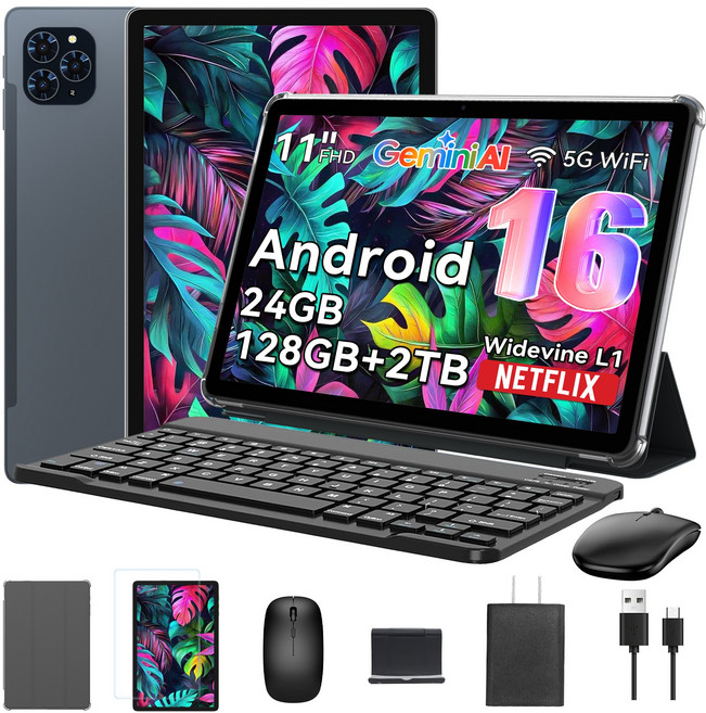 TABWEE 2026 세계최초 Android16 Gemini AI 태블릿 11인치 FHD 24GB+128GB 2TB확장 2in1 테블릿 pc 키보드세트, 회색, 128GB, Wi-Fi