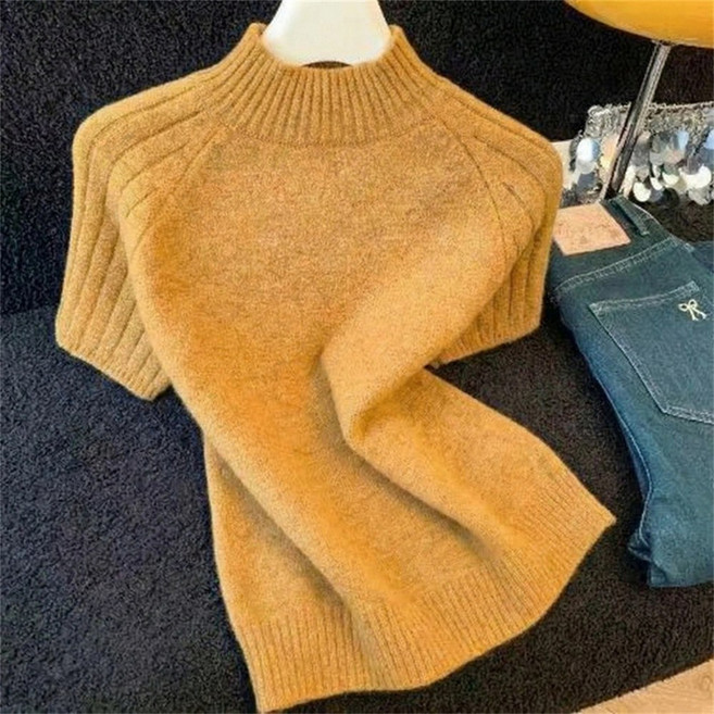 TKX 여성용 하이넥 니트 반팔 상의 루즈핏 데일리 심플 캐쥬얼 입체 어깨 디자인