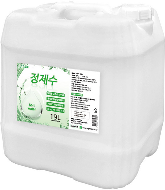 크로바 정제수 19L 정제한물 가습기 보충수 공업용수 세안수 제조용수 세제제조 가정용, 1개
