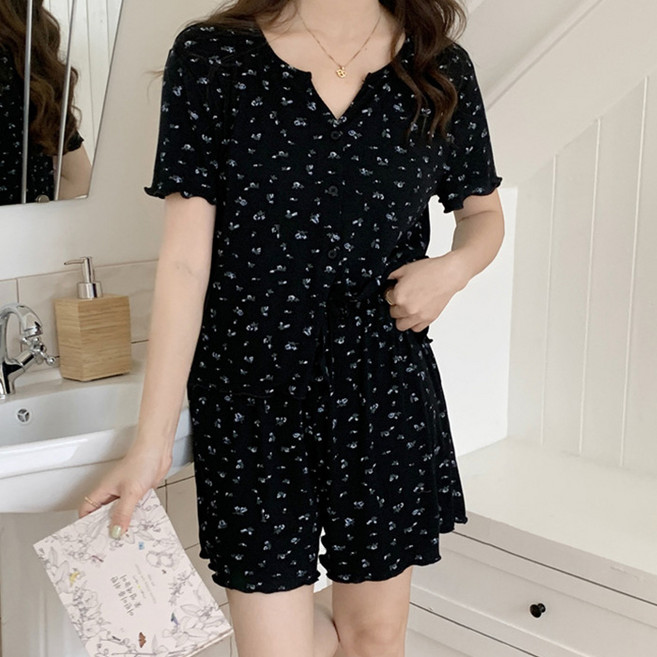 노브라 해방템 캡내장 여성 잠옷 세트 여름 필수 브라캡 귀염뽀짝 블루플라 상하세트 파자마