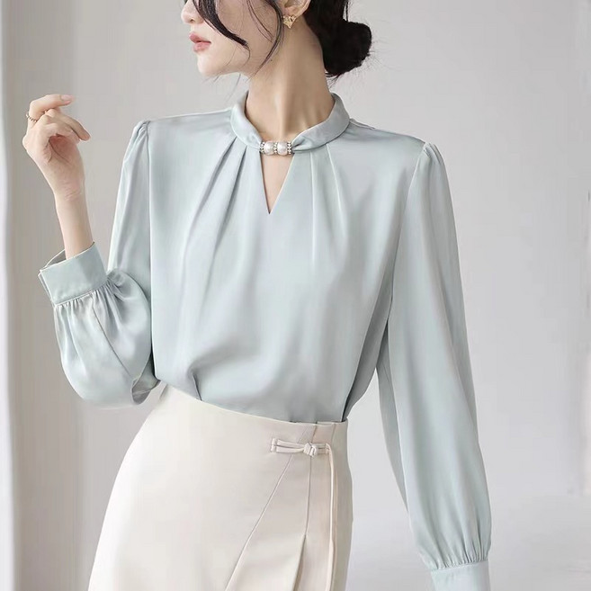 POMTOR 봄가을 여성 홀터넥 블라우스 풀오버 새틴 셔츠 오피스룩