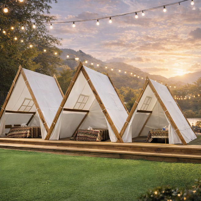 캠핑무드 삼각텐트 글램핑텐트 야외 바베큐장 캠핑용 감성 카페 캐노피 방갈로 쉼터 글램핑, 4인, 화이트 삼각형