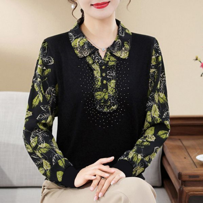 COSYEVNO 중년 엄마 긴팔 상의 가을 빅사이즈 루즈핏 패션 브이넥 고급 프린트 핫픽스 티셔츠 50~60대 엄마옷 lyjmmcxsy-4