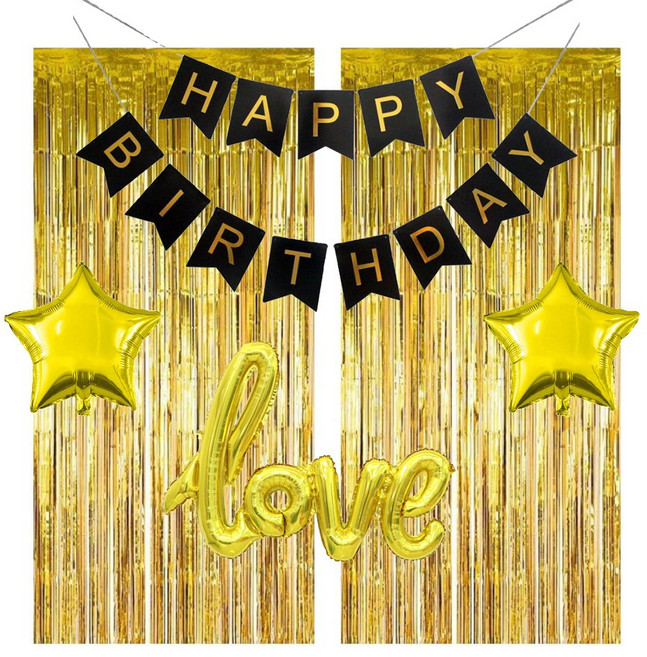 올리브파티 골드커튼 블랙골드 생일파티용품 세트 패키지, 골드