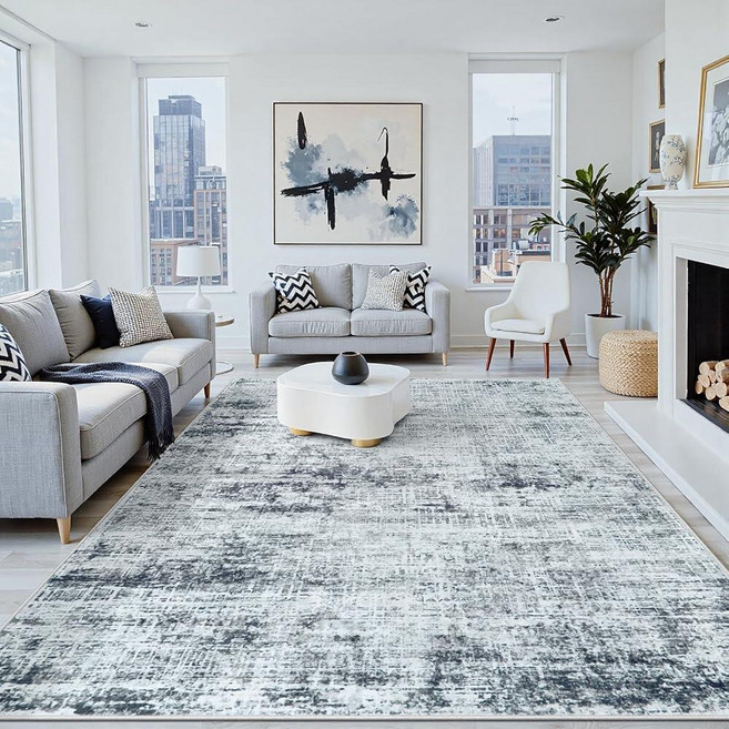 5x7 Area Rugs Washable RugAnti-Skid Abstract Modern Living Room Rug Soft Thin Carpets Indoor Floor, Black/Grey/White