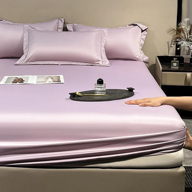 탄성 밴드가있는 나무 실크 장착 침대 시트 매트리스 커버 싱글 더블 퀸 킹 사이즈, 1개, 3. Purple / E. 137x190x30CM