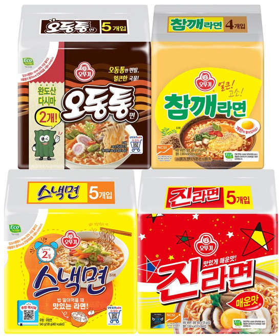 오뚜기 봉지라면 4종 세트(스낵면+진매+참깨라면+오동통면), 4팩