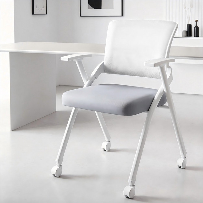 Takata 접이식 메쉬 의자 사무실 회의실 트레이닝 체어 이동식 바퀴 통기성 우수 공간절약 다용도 간이 의자 CC1, 그레이