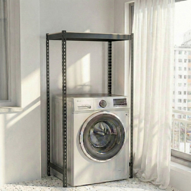 프라임앵글 김치냉장고 드럼세탁기 건조기 선반 펜트리 베란다 철제선반, 1.5단, 블랙