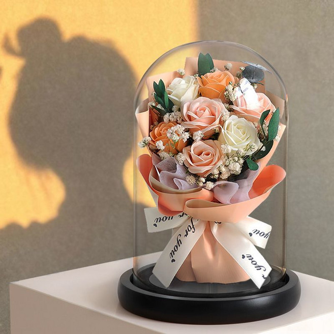 루카스 유리돔 기념일선물꽃다발 인테리어무드등, 샴페인로즈 무드등