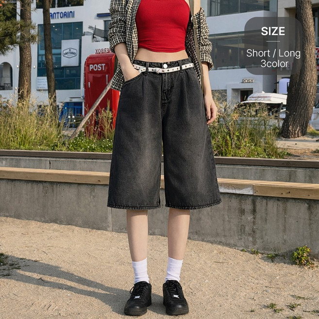 잇진 여성 와이드 5부 버뮤다 핀턱 워싱 데님 팬츠 청반바지