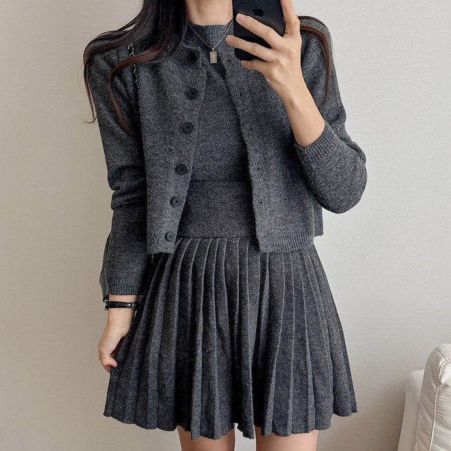 요시아나 [당일발송] 걸리쉬 베르제 가디건 반팔 니트 미니 스커트 쓰리피스 2컬러