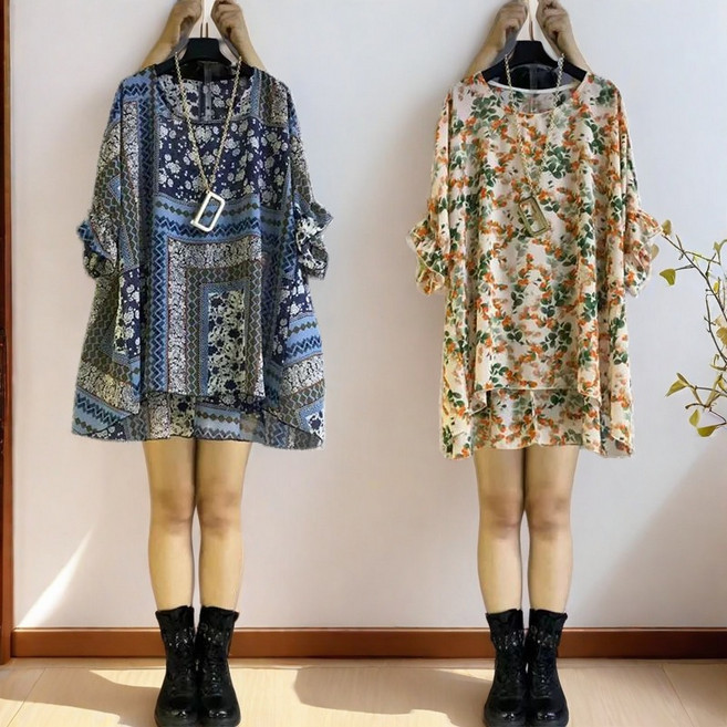 빅사이즈 여성 쉬폰 반소매 블라우스 플라워 패턴 미디 롱 셔츠