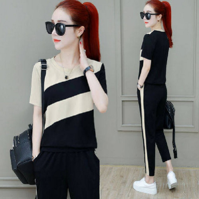 【韓版拼色】運動套裝女 休閒套裝 跑步服 健身服 瑜伽服 寬鬆大碼 短袖短褲兩件套 時尚百搭 夏季新款