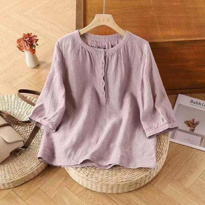 AOKADA 여성 린넨 셔츠 블라우스 솔리드 루즈핏 5부소매 여름 엄마옷 중년 여자 남방 상의