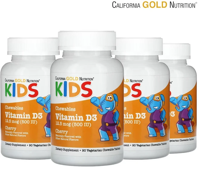 캘리포니아골드뉴트리션 츄어블 비타민D3 칠드런 내추럴 체리맛 500IU 90타블렛 4개, 90정 - 쿠팡