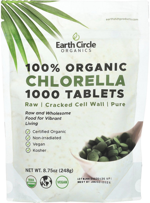 Earth Circle Organics 100% 유기농 클로렐라 1 000정 248g(8.75oz) Organics (얼스 써클 오가닉스), Earth Circle Organics, 100% 유기, 1개