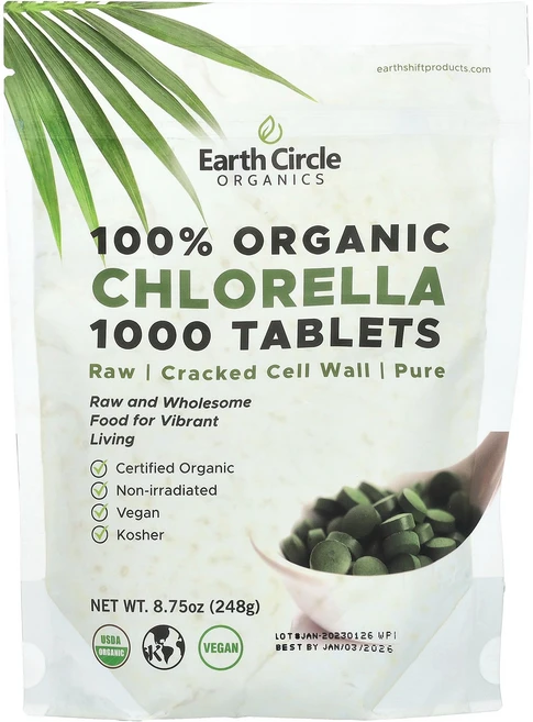 Earth Circle Organics 100% 유기농 클로렐라 1 000정 248g(8.75oz) Organics (얼스 써클 오가닉스), Earth Circle Organics, 100% 유기, 1개 - 쿠팡