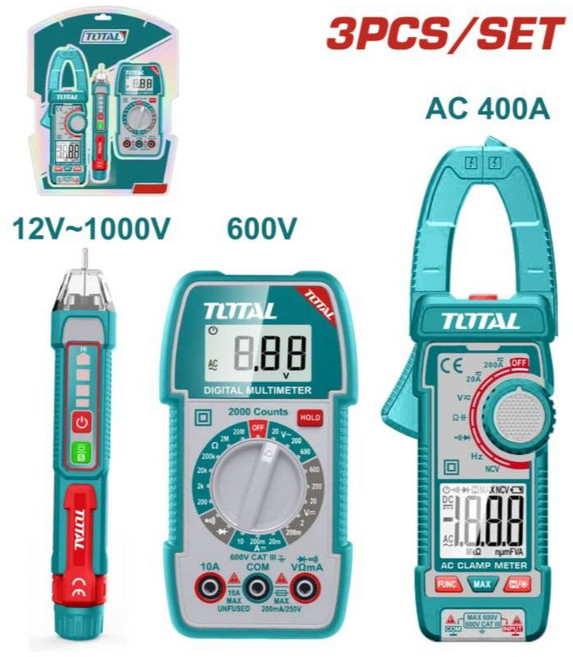 TOTAL 電器測量三寶組 交流鉗形表 數位萬用電表 交流電壓檢測器 3件組, 1個