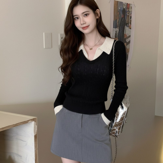 슬림핏 여성용 배색 카라 레이어드 꽈배기 니트 케이블 긴팔 티셔츠