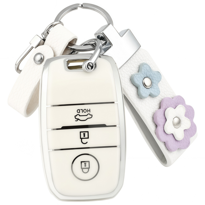 OFFCURVE 기아 자동차 엣지라인 3버튼 모닝 레이 풀커버 스마트키 키커버 키홀더 호환 스포티지 셀토스 쏘렌토 카니발 니로 K5, 실버+가죽 로