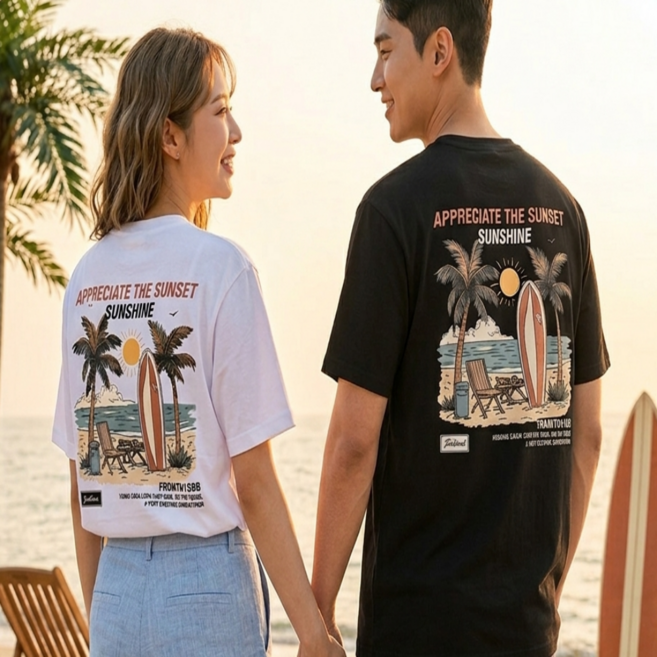 EDEN 해변 프린팅 남녀공용 오버핏 반팔 박스 빅사이즈티