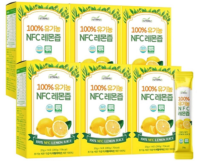 뉴트리너스 100% 유기농 NFC 레몬즙 14포 x 6박스, 뉴트리너스 100% 유기농 NFC 레몬즙 20g x 1