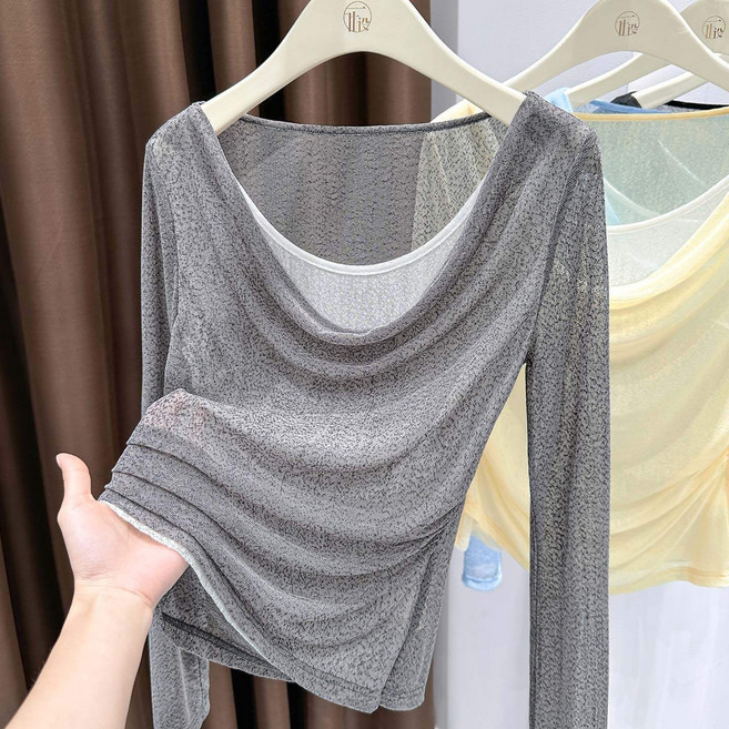 페이준 여성 봄가을 레이어드룩 라운드넥 슬림 긴팔티셔츠 시스루 섹시 이너 티 YJ3616