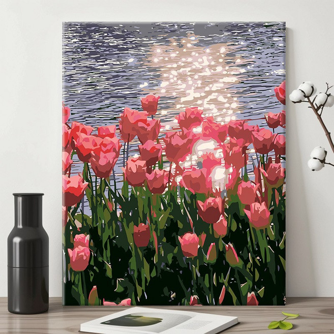DIY명화그리기 40x50cm 핑크 튤립 수채화 세트, H002-물가의 튤립, 1개