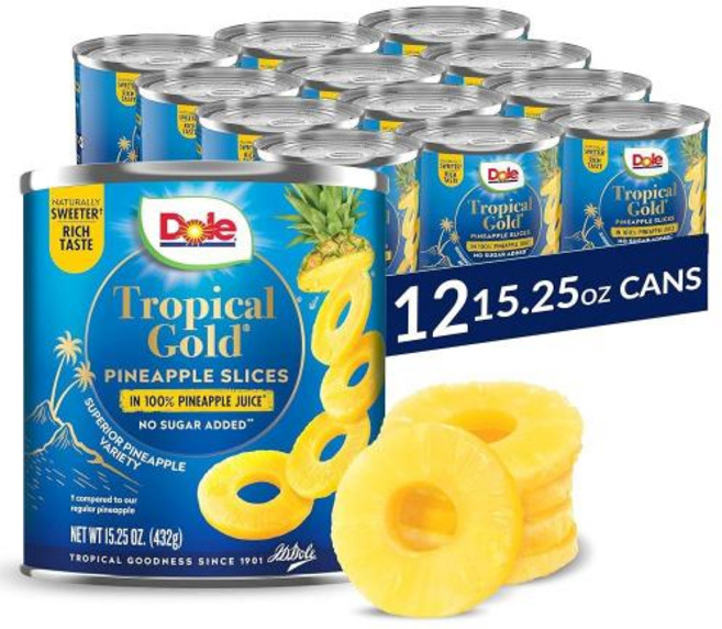 Dole 과일 통조림 트로피컬 골드 파인애플 덩어리 100 주스 글루텐 프리 미국직구, 432g, 2) 15.25 Ounce 12 Count  Pinea