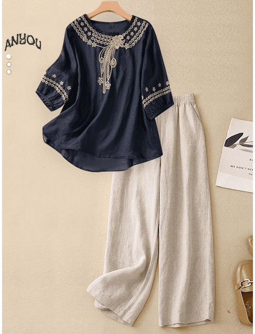 ANYOU 여름 투피스 슬림핏 면마 세트 린넨 와이드 팬츠 면마 자수 여 세트