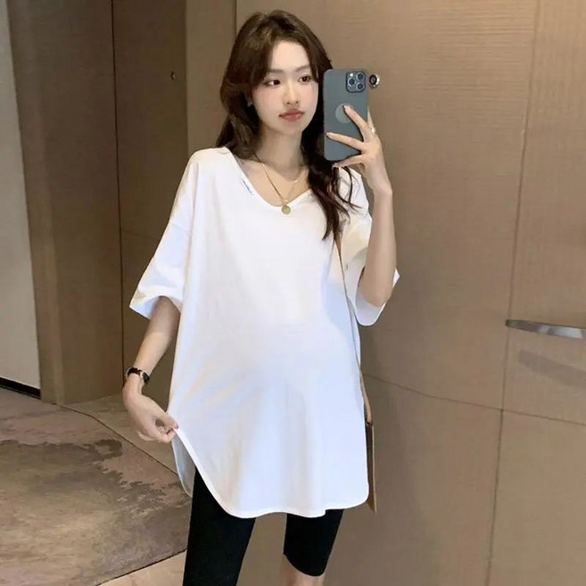 임산부 반팔티 봄 여름 루즈핏 빅사이즈 임부복 기질 캐주얼 브이넥 티셔츠 상의 WMY