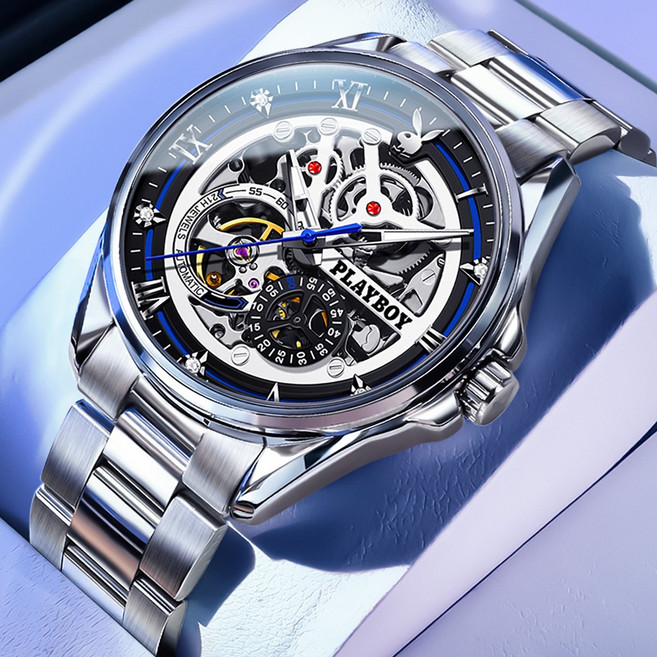 PLAYBOY플레이보이 남성 오토매틱 메탈 시계 스켈레톤 방수 기계식 손목시계