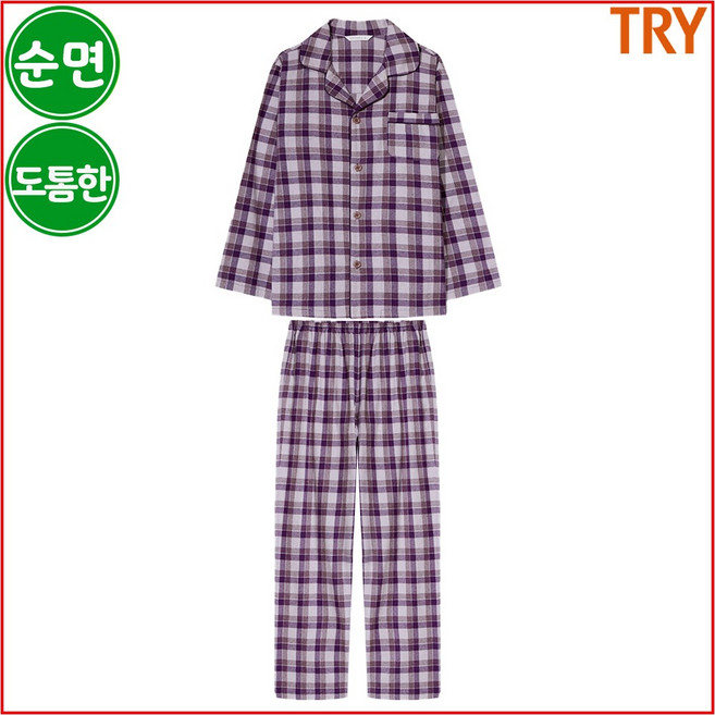 트라이 여성 도톰한 순면 선염기모 잠옷 파자마 상하 세트 S6H2