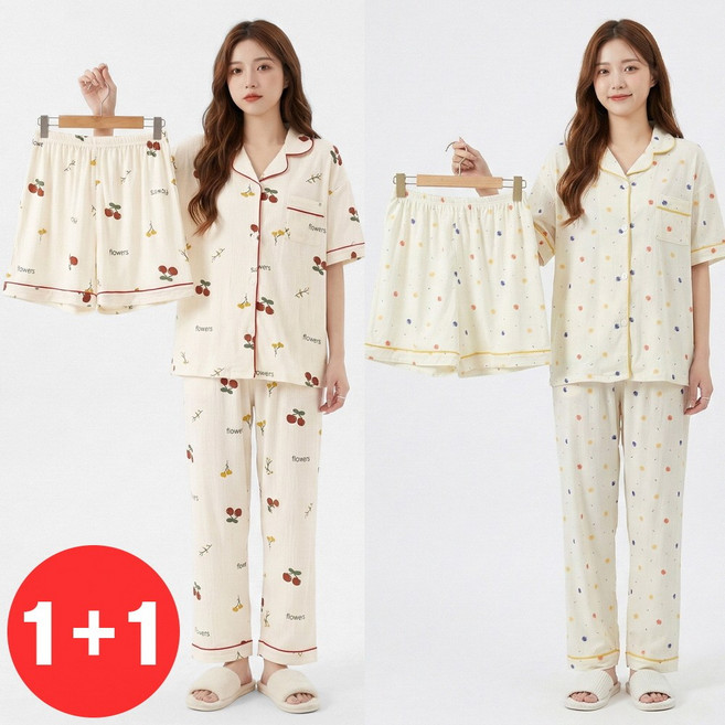지디오 여성 쓰리피스 잠옷 2종 세트 반팔 반바지 긴바지 파자마 봄 여름 홈웨어 상하세트 스판 체리 땡땡이 잠옷세트