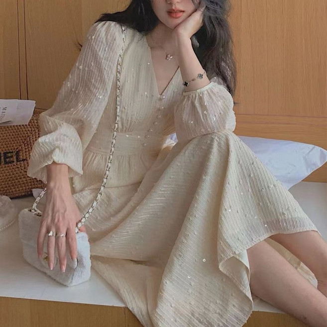 치유쿠 여성 베이지 레이스 브이넥 롱 원피스