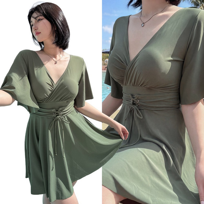 비키비키 아젤리 원피스 수영복 빅사이즈 체형커버 비치웨어, 그린