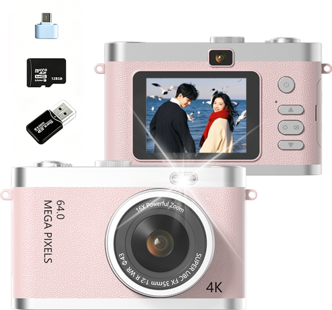 SMABAT 디지털 카메라 셀카렌즈 빈티지 Y2K 디지털 카메라 6400만 4k 화소 SD카드포함, 핑크