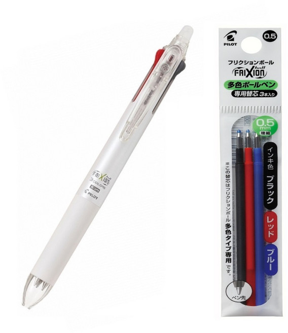 프릭션 슬림 3색 볼펜 0.5mm, 펄화이트+혼합 리필(3개입) 세트, 1세트