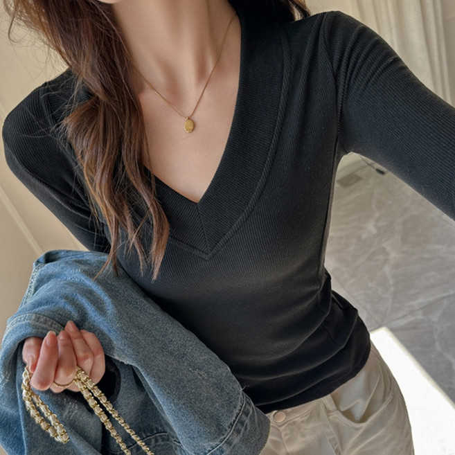 cammello 쫀쫀 도톰 브이넥 슬림 골지 긴팔티 부드러운 데일리 긴팔 티셔츠