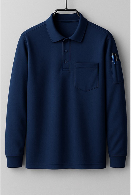 長袖網眼排汗 Polo衫 口袋筆插設計 速乾工作翻領上衣, 藏青,5XL